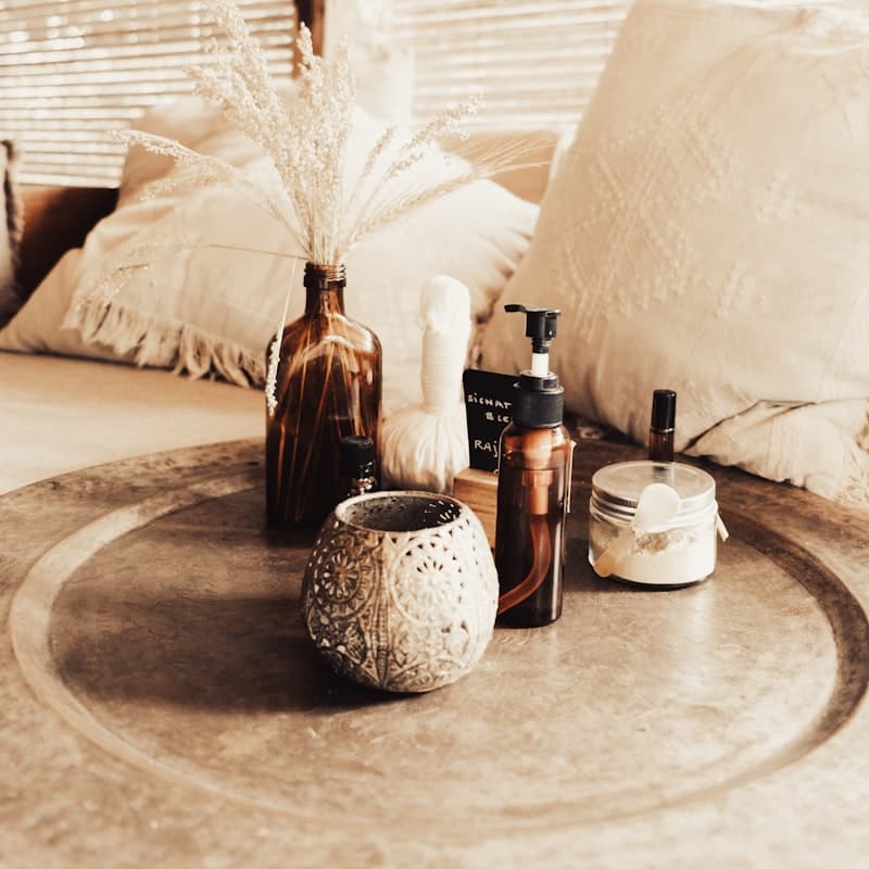 Tray of premium spa oils and skincare essentials